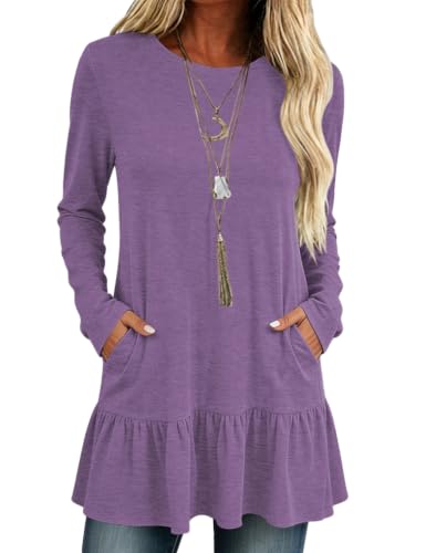 Poetsky Women Tops Long Sleeve Dressy Casual Ruffle Hem O Neck Tunics - color: Purple, size: Medium