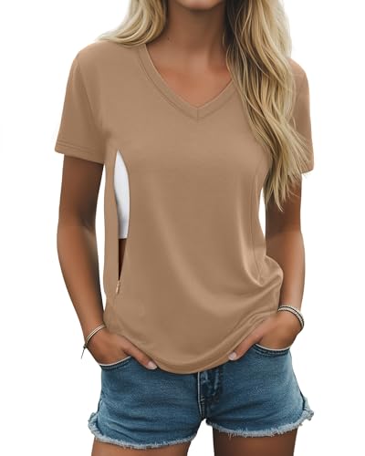 Women's Nursing Breastfeeding Shirts - color: Khaki, size: Medium