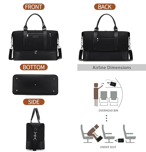 Oeihuivt Weekender Bags for Women - 21 Inch Large Travel Duffel Bag 3-Piece Set with Shoe Compartment, Heavy-Duty Canvas & Leather Carry On Overnight Tote (Airplane Approved) - color: Black-Sewing line-3