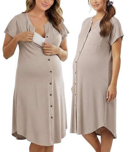 PATPAT Maternity Nursing Dress, Womens Button-Down Midi Dress with Pockets - color: Beige, size: Medium