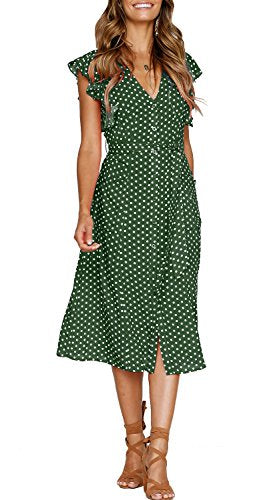 MITILLY Women's Boho Polka Dot Flutter Short Sleeve V Neck Button Down Swing Midi Dress with Pockets - color: 05 Green, size: Large