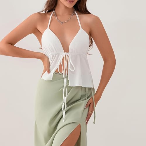 Women Front Tie Top Y2k Halter Neck Flowy Summer Going Out Tank Top Streetwear - color: A White, size: Medium