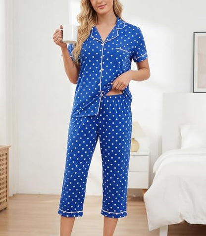 ENJOYNIGHT Womens Pajama Set Capri Short Sleeve Button Down Pj with Pocket - color: Blue Dot, size: Small