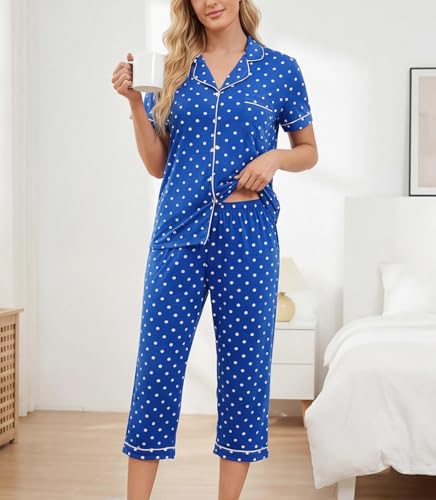 ENJOYNIGHT Womens Pajama Set Capri Short Sleeve Button Down Pj with Pocket - color: Blue Dot, size: 3X-Large