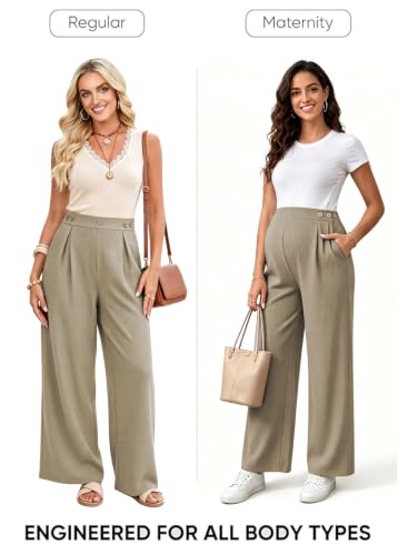 BLENCOT Maternity Pants Work Waffle Knit Wide Leg Pregnancy Trousers - color: Khaki, size: Large