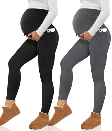 Happy.angel 2 Pack Maternity Fleece Lined Leggings with Pockets for Winter - color: Black/ Gray, size: XX-Large