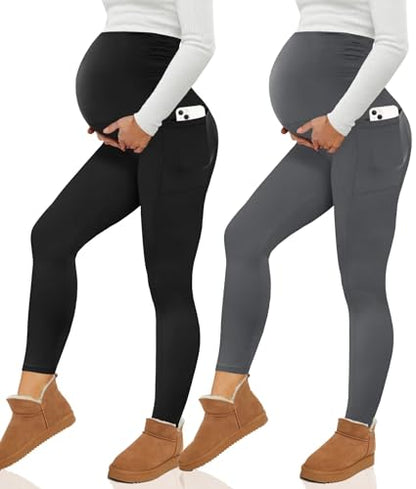 Happy.angel 2 Pack Maternity Fleece Lined Leggings with Pockets for Winter - color: Black/ Gray, size: XX-Large