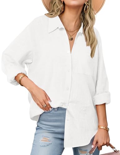 Zeagoo Womens Button Down Shirts Long Sleeve Casual Cotton Gauze Tops - color: Aa-white, size: Medium