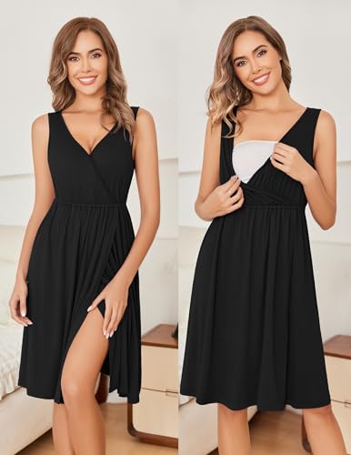 Ekouaer Maternity Nursing Gown and Robe Set Labor Delivery Nightgowns - color: Black, size: Medium