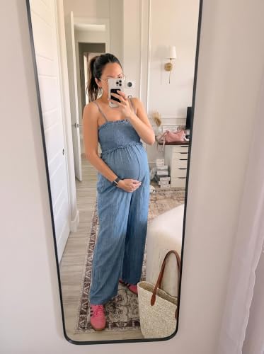 BLENCOT Women's Smocked Maternity Jumpsuit Loose Overalls - color: Dusk Blue, size: Large