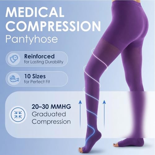 ABSOLUTE SUPPORT Compression Pantyhose 20-30mmHg, Opaque, Purple, 3X-Large - color: Purple, size: 3X-Large