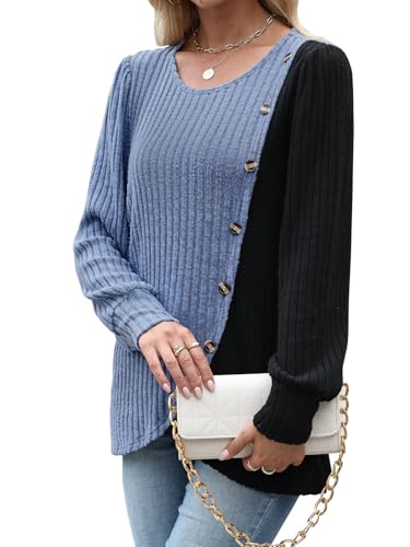 MixShe Womens Knit Sweaters 2026 Fall Winter Casual Long Sleeve Ribbed Colorblock Button Pullover Tops - color: Dusty Blue, size: X-Large