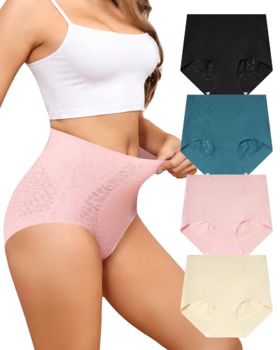 LEVAO High Waisted Womens Underwear Tummy Control Full Coverage Briefs - color: Black/Apricot Skin Tone/Pink/Magnolia, size: Small