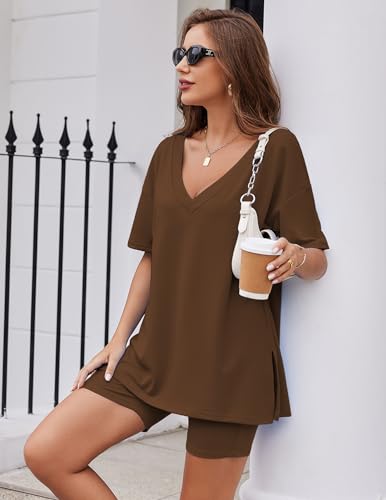 Ekouaer Womens 2 Piece Lounge Set Oversized V Neck Top Biker Short Pajamas - color: Brown, size: X-Large