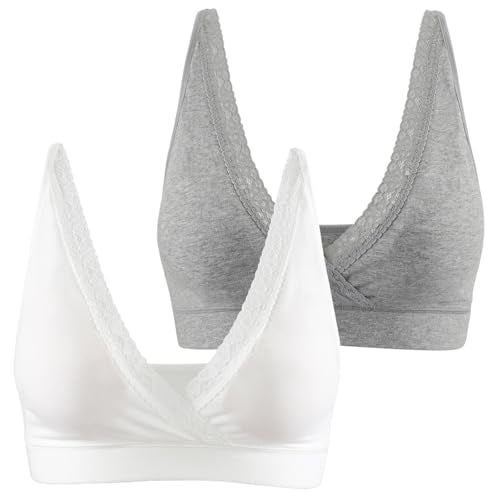 Lace Cotton Bra with Straps – Comfortable Support for Maternity, Nursing, and Everyday Wear - color: Grey+white/2 Pack, size: Large