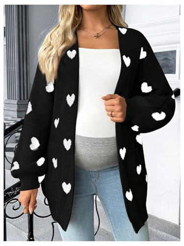 MakeMeChic Women's Maternity Heart Sweater Cardigan Fall Winter Clothes - color: Black and White, size: Small