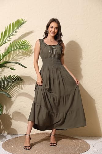 Women's 2026 Summer Boho Floral Print Tiered Casual Flowy Long Maxi Dress - color: Army Green, size: Medium