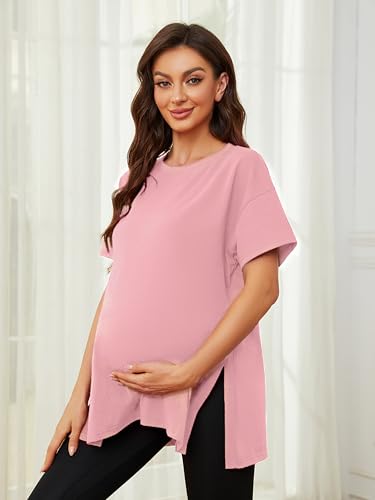 Ecavus Maternity Shirts Side Split Soft Cotton Loose Fit Pregnancy Tops - color: Pink, size: Large