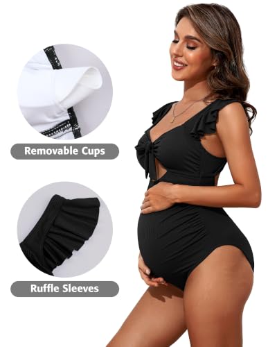Charmo Ruffle Maternity Bathing Suits Ribbed Tie Knot Pregnancy Swimsuit - color: Black, size: Medium