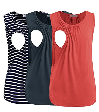 Smallshow Women's Maternity Nursing Tank Tops Breastfeeding Clothes 3-Pack - color: Dark Grey-orange-navy Stripe(3 Packs), size: Medium