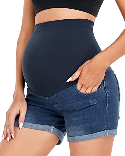 HOFISH Maternity Denim Jeans Shorts, Over-Belly Pregnancy, Super Stretchy - color: Navy, size: Medium