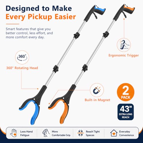 43 Inch Long Grabber Reacher Tool, 2 Pack Foldable for Seniors - size: 43-Inch (Pack of 2)