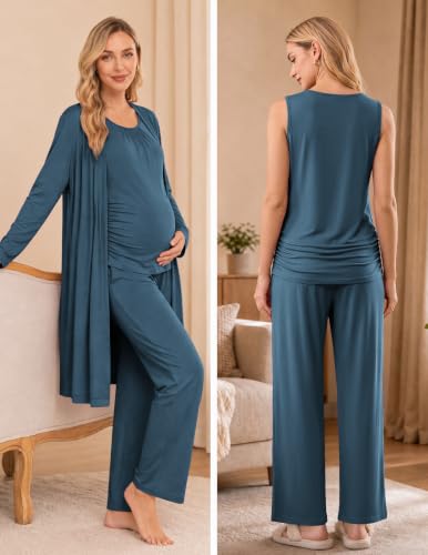 Women 3PCS Maternity Robe Sets Nursing Pajamas Postpartum Breastfeeding Pjs - color: Dark Blue, size: Medium
