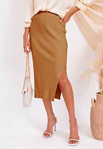 HERBATOMIA Midi Pencil Basic Skirt Casual Solid Split Side Stretchy Ribbed Knit Bodycon Mid Length Skirts for Women - color: Camel, size: Small