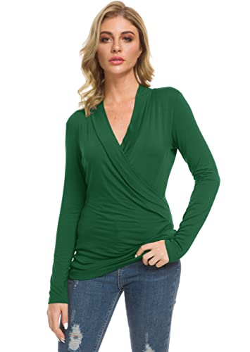 Afibi Womens Slim Fitted Deep V Neck Cross Wrap Top Long Sleeve T-Shirts - color: Dark Green, size: XX-Large