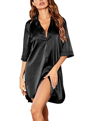 Ekouaer Womens Satin Button Down Nightshirt 3/4 Sleeve Boyfriend Nightgown - color: Black, size: Small
