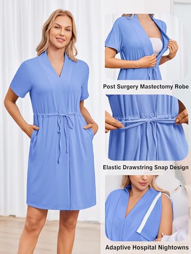 Deyeek Women's Post Surgery Mastectomy Robe with 4 Internal Drain Pockets Short Sleeve Adaptive Nightgowns Pajama Dress Shirt - color: Light Blue, size: Small