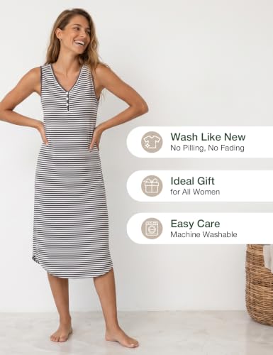 LazyCozy Women's Bamboo Viscose Cooling Nightgown for Hot Flashes - color: Dark Grey Stripe, size: Medium