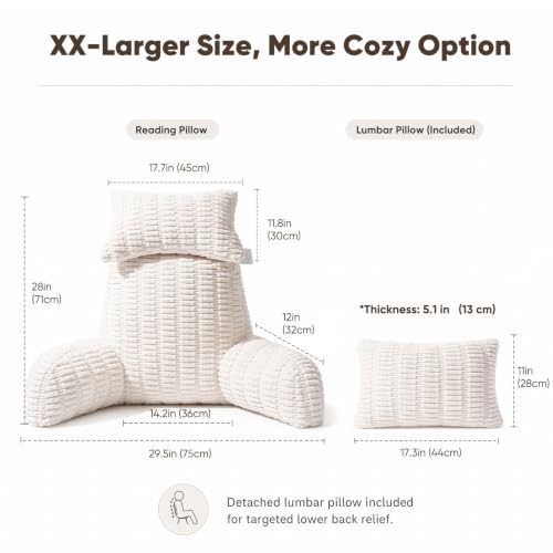 28" XXL Reading Pillow, Backrest Pillow with Detachable Neck Pillow - color: Beige, size: XX-Large(28inch)