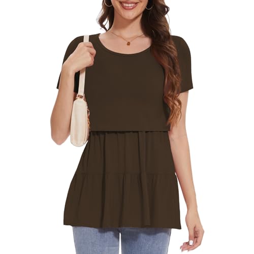 Bearsland Short Sleeve Nursing Top - color: Black & Simply Taupe & Chocolate Brown, size: Medium