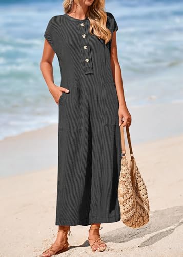 KIRUNDO Womens Summer Ribbed Knit Short Sleeve Maxi Dress - color: Black, size: Medium
