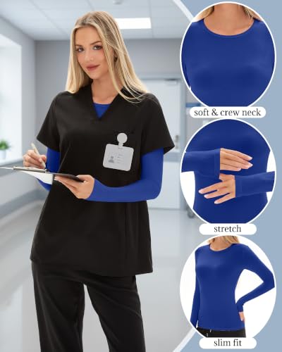 4 Pack Womens Crew Neck Long Sleeve Underscrub Shirts - color: Black, Light Gray, White, Royal Blue, size: Medium