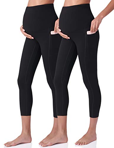POSHDIVAH Maternity Capri Leggings with Pockets Pregnancy Workout Pants - color: 2pcs Black, size: Medium