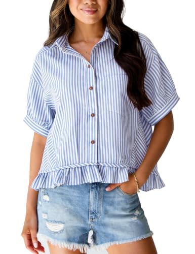 Flygo Womens Cropped Striped Button Down Shirts Ruffle Peplum Tops - color: Blue, size: X-Large
