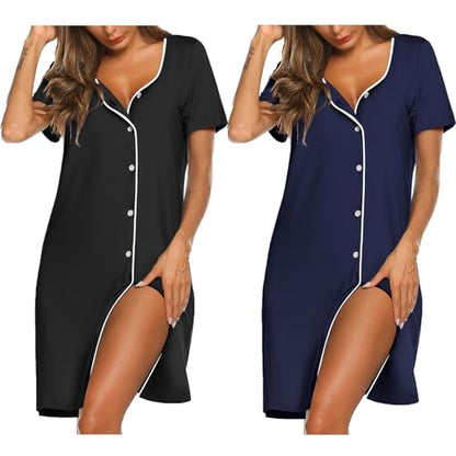 Ekouaer Nightgowns for Women 2 Pack Night Gowns Button Down Sleep Shirts - color: Black/Navy Blue, size: Medium