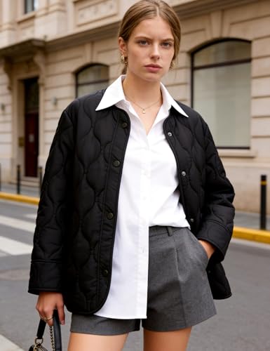 Flygo Womens Quilted Lightweight Jackets Oversized Puffer Coat with Pockets - color: Black, size: Medium