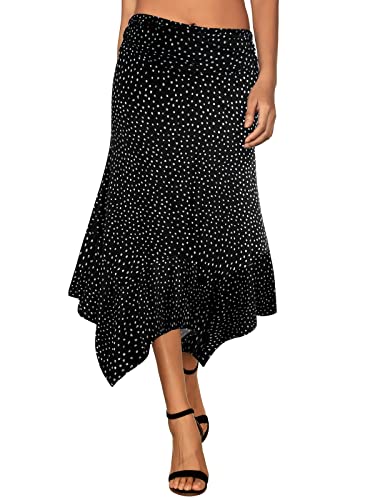 DJT Women's Flowy Handkerchief Hemline Midi Skirt - color: Black Polka Dots, size: XX-Large