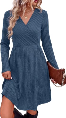 WIH0LL Womens Fall Dresses 2026 Long Sleeve Wrap Sweater Dress with Pockets - color: Blue, size: XX-Large