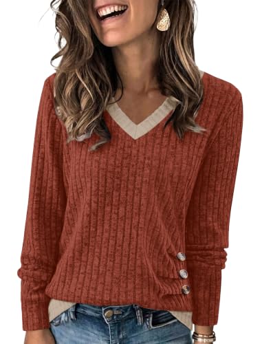 Sampeel V Neck Long Sleeve Shirts Button Side Sweaters Color Block Tops - color: Caramel, size: Small