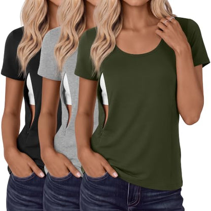 Huukeay 3 Pack Women's Nursing Shirts - color: Black, Gray, Army Green, size: Medium
