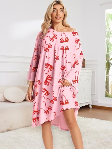 CRIPOM Plus Size Moo Moos for Women Oversized Sleep Shirts with Pockets - color: Pink Bowknot