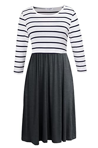 Smallshow Women's 3/4 Sleeve Maternity Nursing Dress for Breastfeeding - color: White Stripe-deep Grey, size: Large