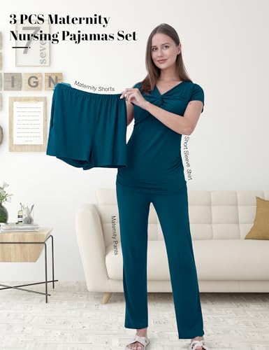 3-Piece Maternity Nursing Pajamas Set for Pregnancy & Postpartum - color: Deep Blue, size: Large