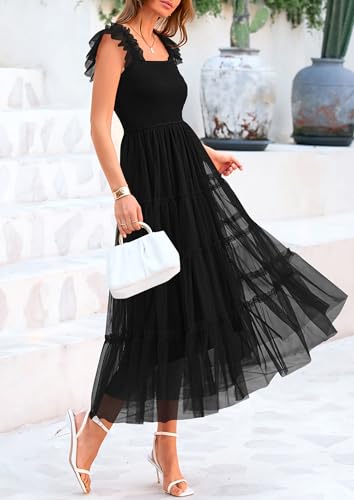 PRETTYGARDEN Women's Summer Smocked Midi Tulle Dress - color: Black, size: Large