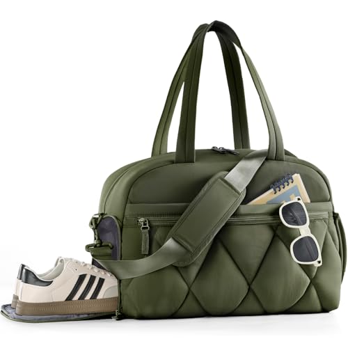 Women's Duffle Gym Bag, Carry-On Shoe Compartment for Weekender Overnight - color: Green, size: Medium