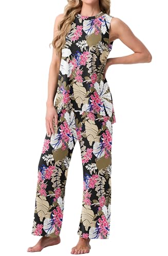 PrinStory Womens Pajamas Sets Sleeveless Pjs Set S-4XL - color: Fp-big Leaf Pink, size: X-Large